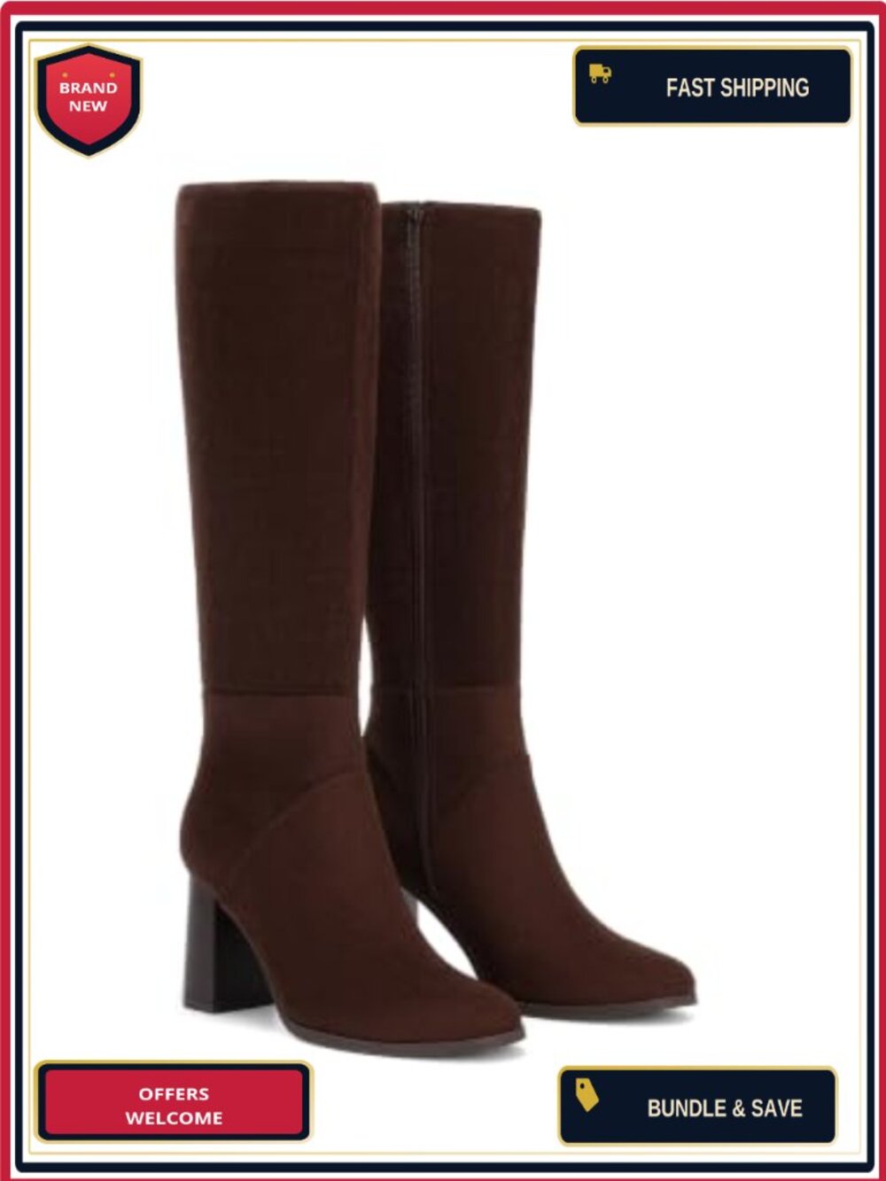 Knee High Boots for Women Chunky Block Heel Side Zipper Faux Suede Round Toe - Picture 4 of 6